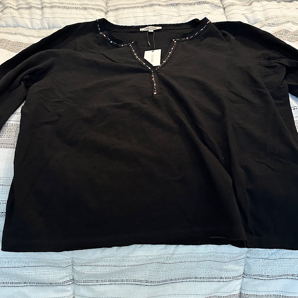 Lisa Todd Black Long Sleeve Top with Beaded Neckline